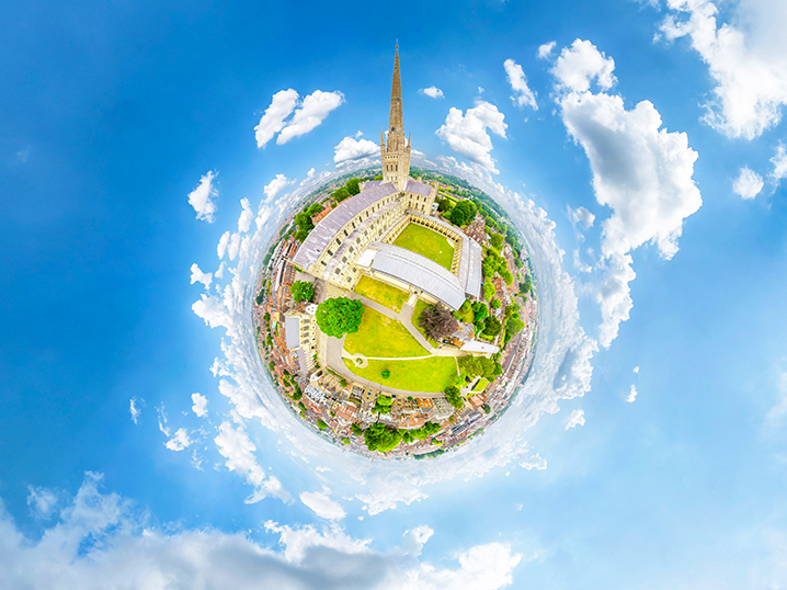 Little-Planet-aerial-360-view-of-Norwich-Cathedral-by-Vortex-Visual